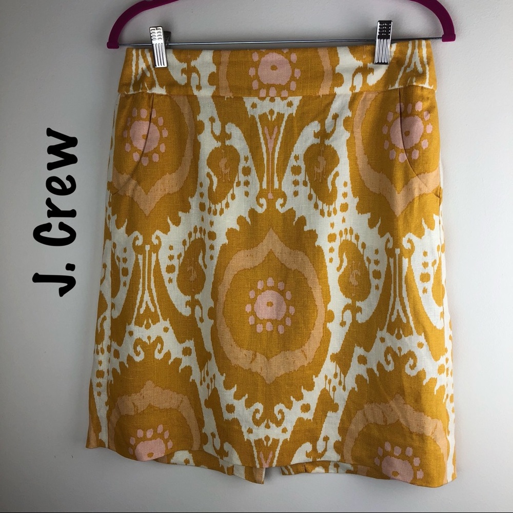 J. Crew Gold Linen Print pencil skirt Sz 8